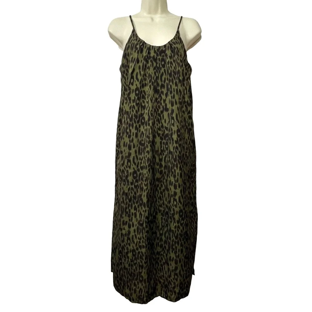 THML Midi Slip Dress Small‎ Sleeveless Olive Green Black Animal Print Lined